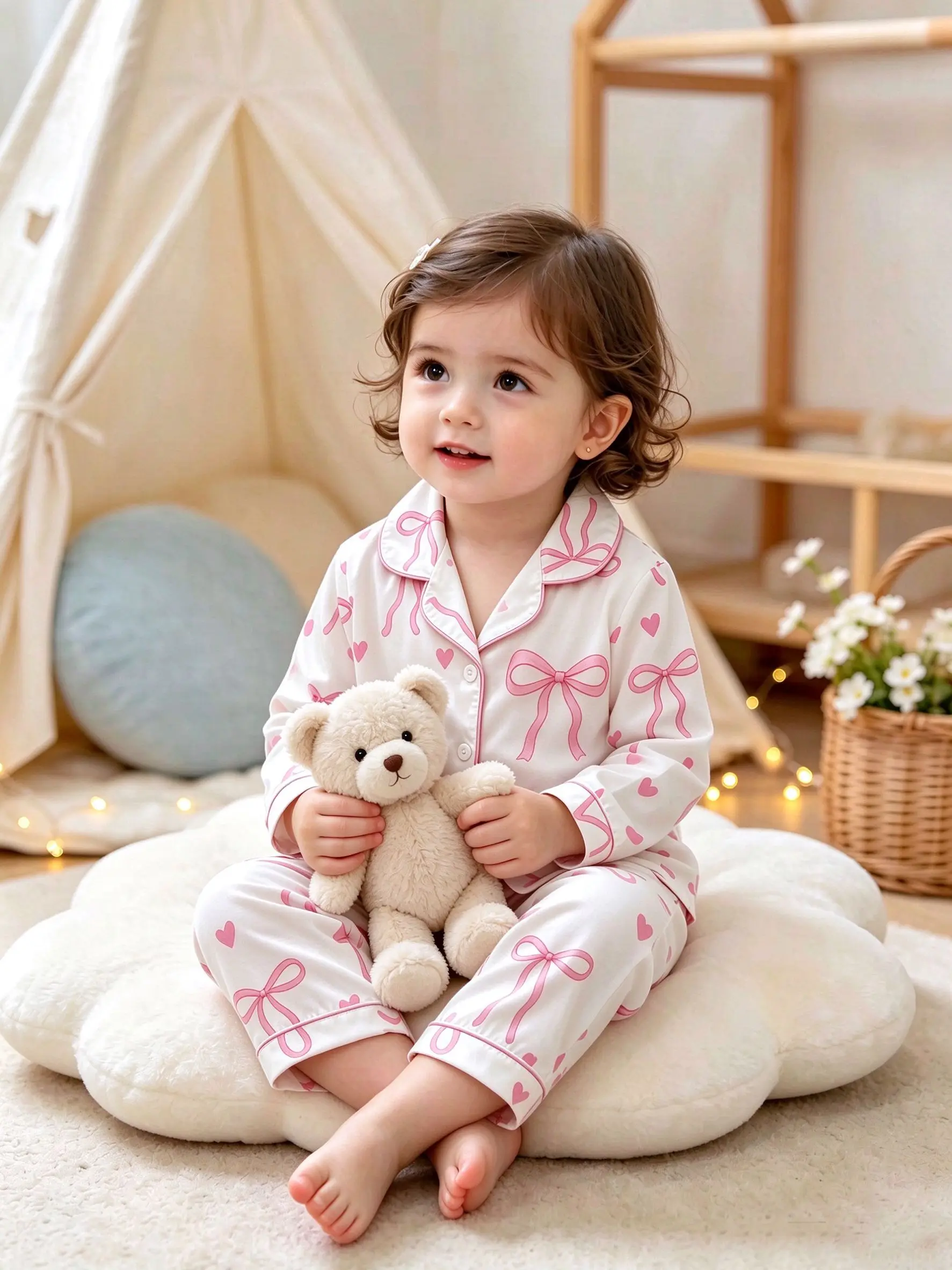 Baby's Autumn Clothing Set for Children with Collar Pocket Button Bow Shirt Top And Elastic Waist Bow Print Wide Leg Pants
