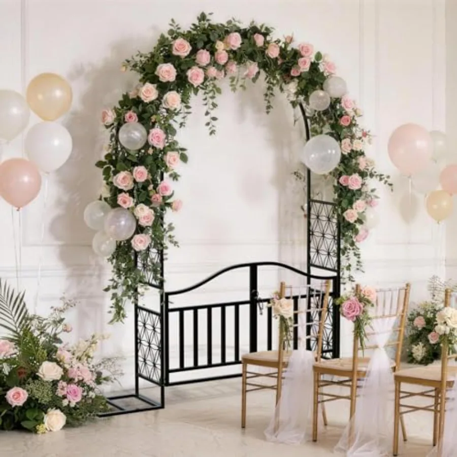 Steel Garden Arbor for Climbing Plants and Decoration, Metal Arch Trellis with Flat Base and Gate, Silver, Rust-Resistant Finis