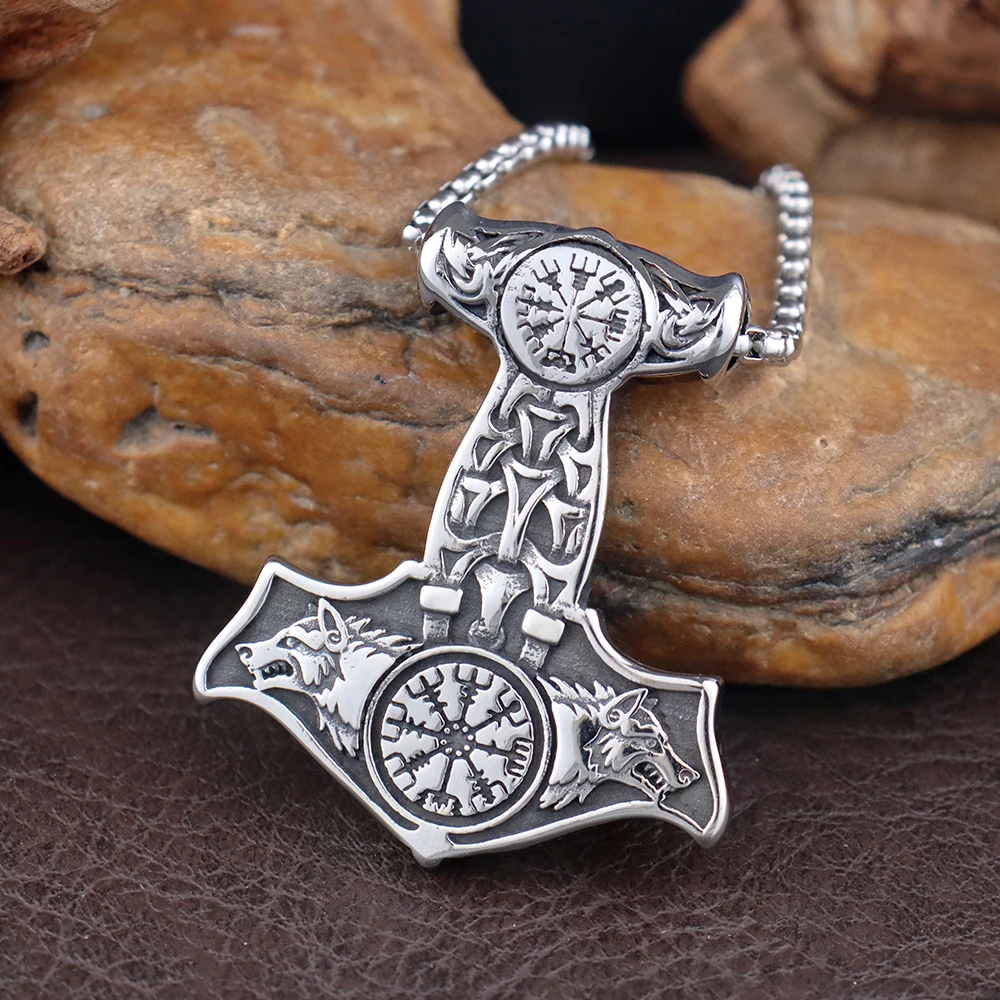 Viking Thor Hammer Pendant for Men Stainless Steel Unique Nordic Raven and Wolf Necklace Amulet Scandinavian Jewelry Accessories