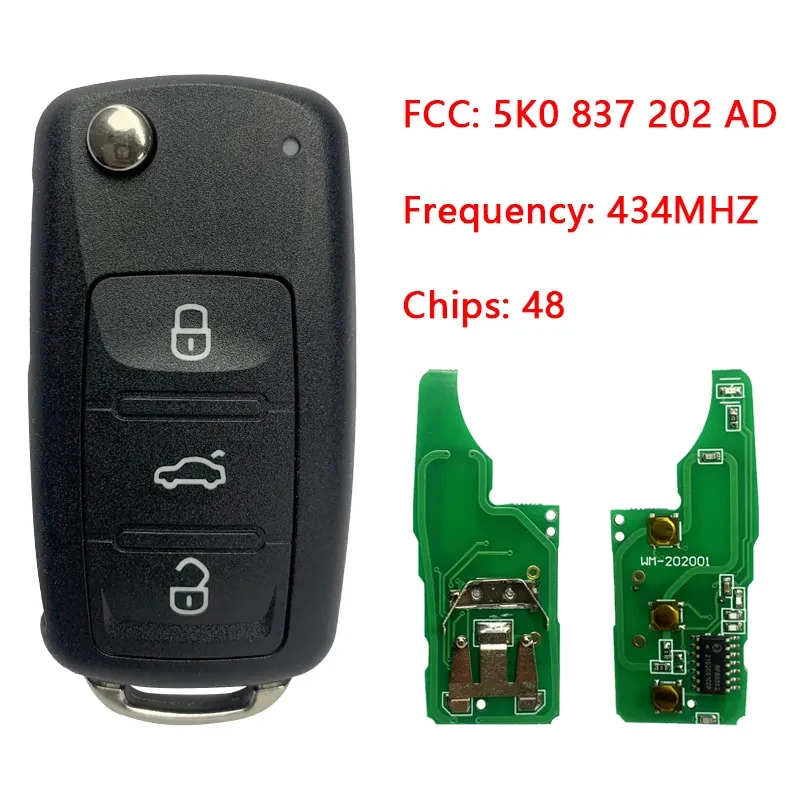 CN001052 Aftermarket 3 Button Folding Remote Key  434MHz With ID48 Chip FCCID 5K0 837 202 AD For VW Jetta Tiguan Golf Caddy 2009