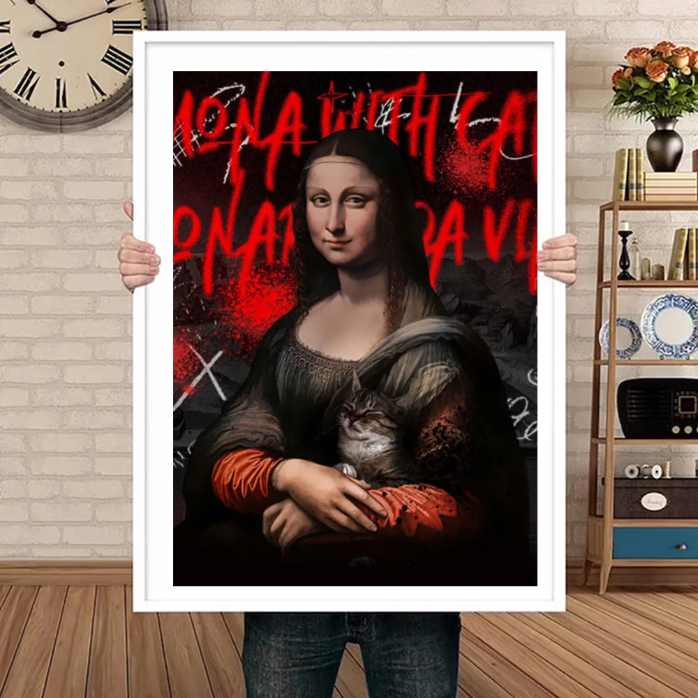 

Canvas Painting Mona Lisa and Cats Funny Poster Pop Art Prints Classic Famous Painting Figure Wall Art Picture Room Home Decor