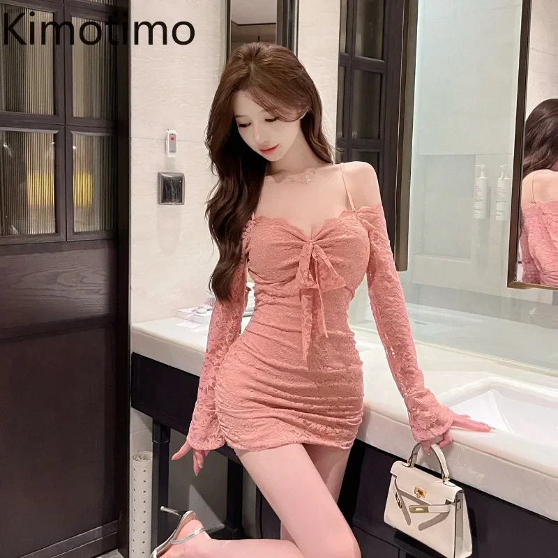 Kimotimo Fashion Lace Off Shoulder Long Sleeve Dress Women 2024 Autumn Sexy Temperament Slim Waist Wrapped Short Party Dresses