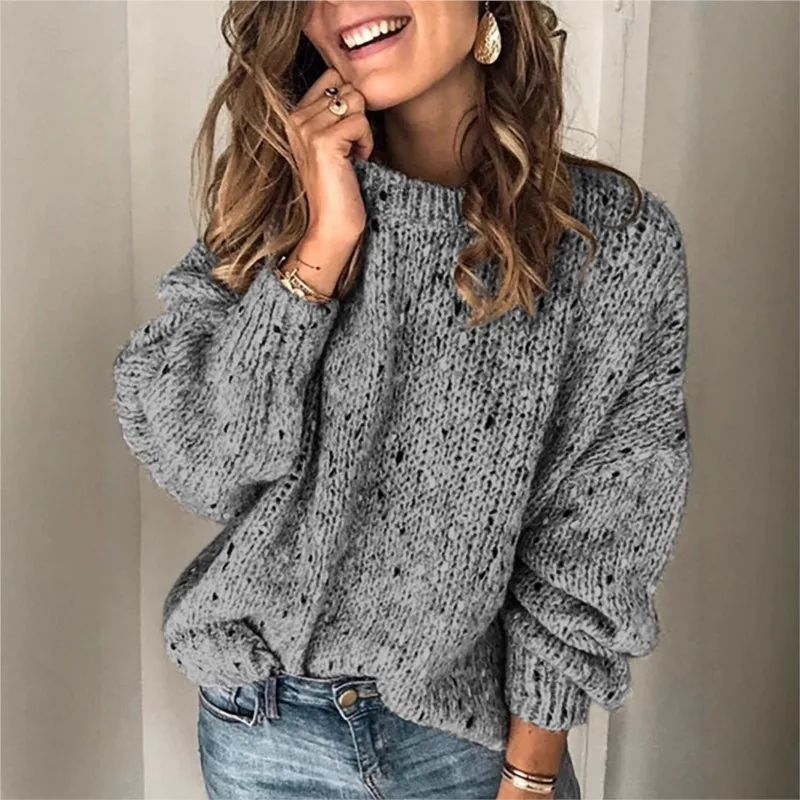 Sweter damski zimowy, luźny sweter z okrągłym dekoltem, ciepły, jednolity kolor, dzianinowy, uniwersalny sweter na imprezę i na co dzień.