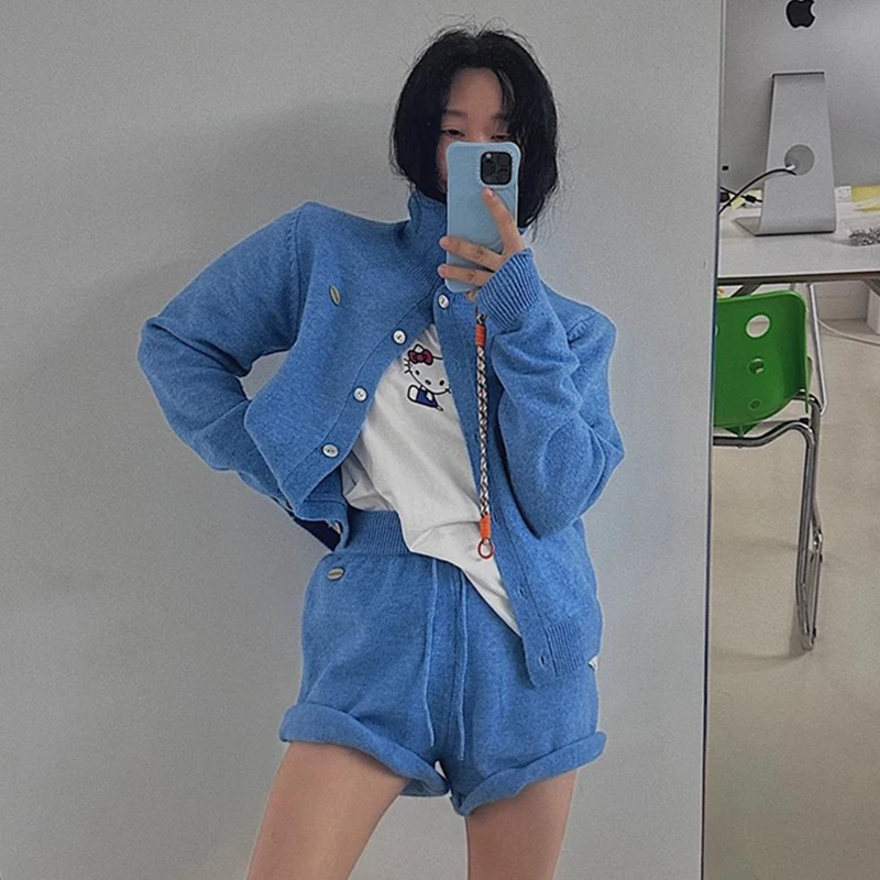 Veste pull à manches longues + short tricoté polyvalent, ensemble deux pièces avec lettres rétro et étiquetées, coréen chic, automne