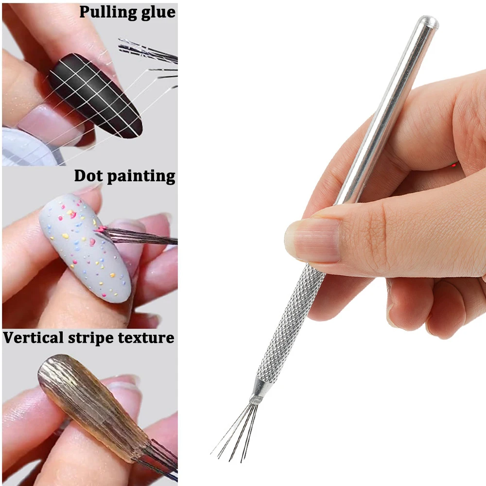 Metallic Multi-Functional Nail Texture Brush, Nail Drawing Pen, Dotting Pen - Stainless Steel 7 Pin Pen UV Gel Manicure Tools