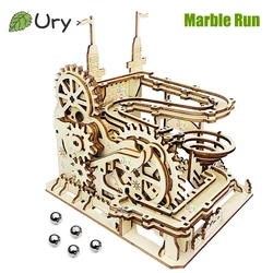 Ury 3D Wooden Puzzles Electric Catapult Track Device Castle Marbles Run Set Mechanical Model Science Maze Assembly Gift for Kid