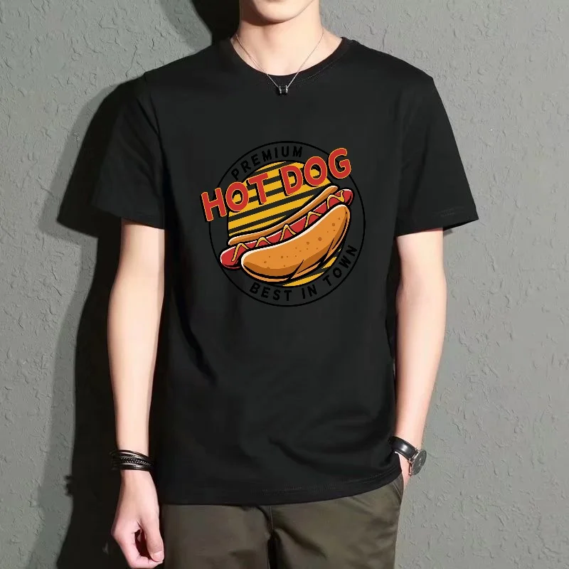 Men's Black Round-Neck Short-Sleeved T-Shirt, Fun Hot Dog Print Top, Casual Street Style Versatile Item, Comfortable and Breathable, Fashionable and Trendy, Suitable for Daily Outings and Dates.