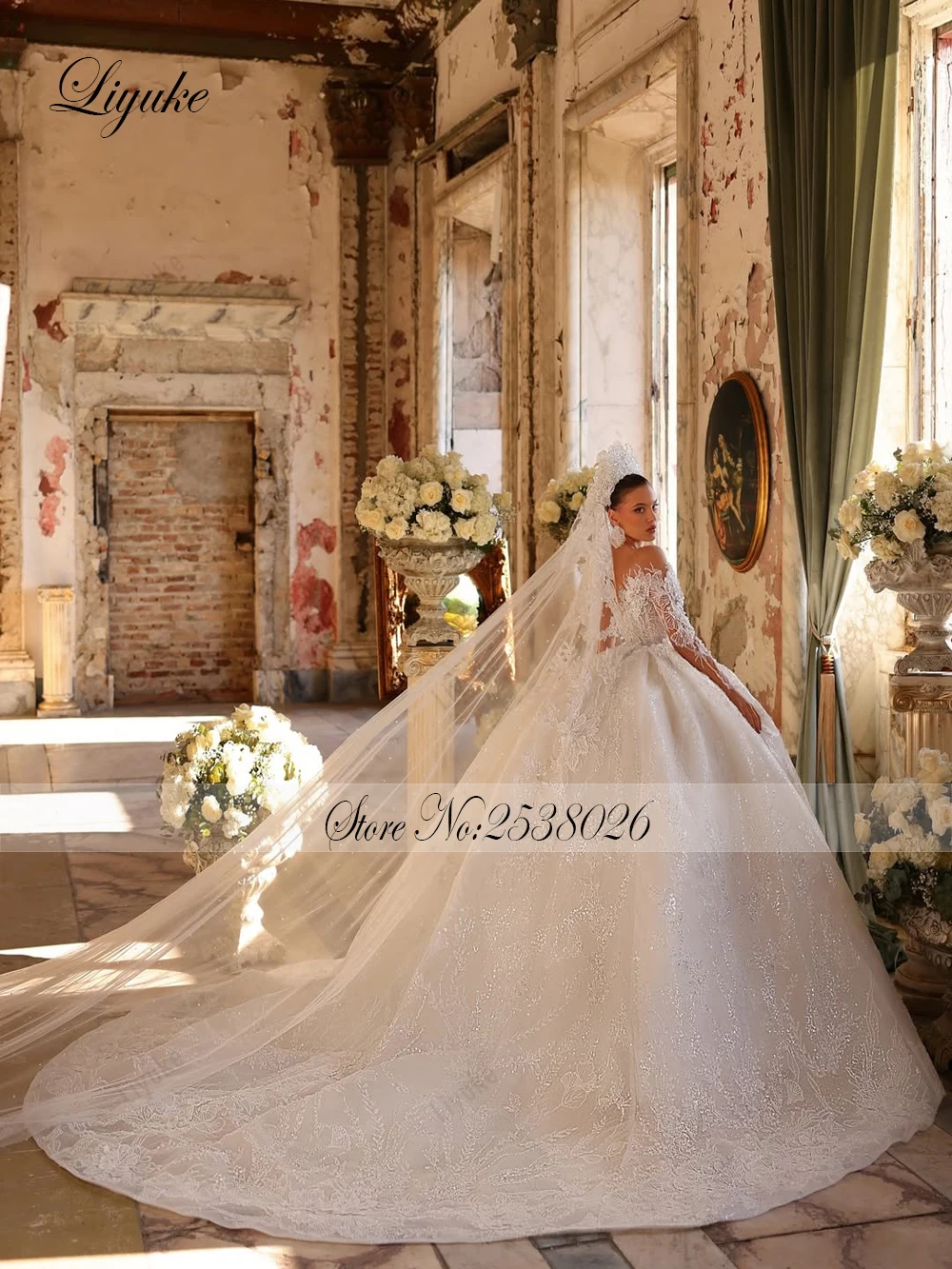 Liyuke op maat gemaakte luxe kralen parels applicaties baljurk trouwjurken borduurwerk volledige mouw illusie hals bruidsjurken
