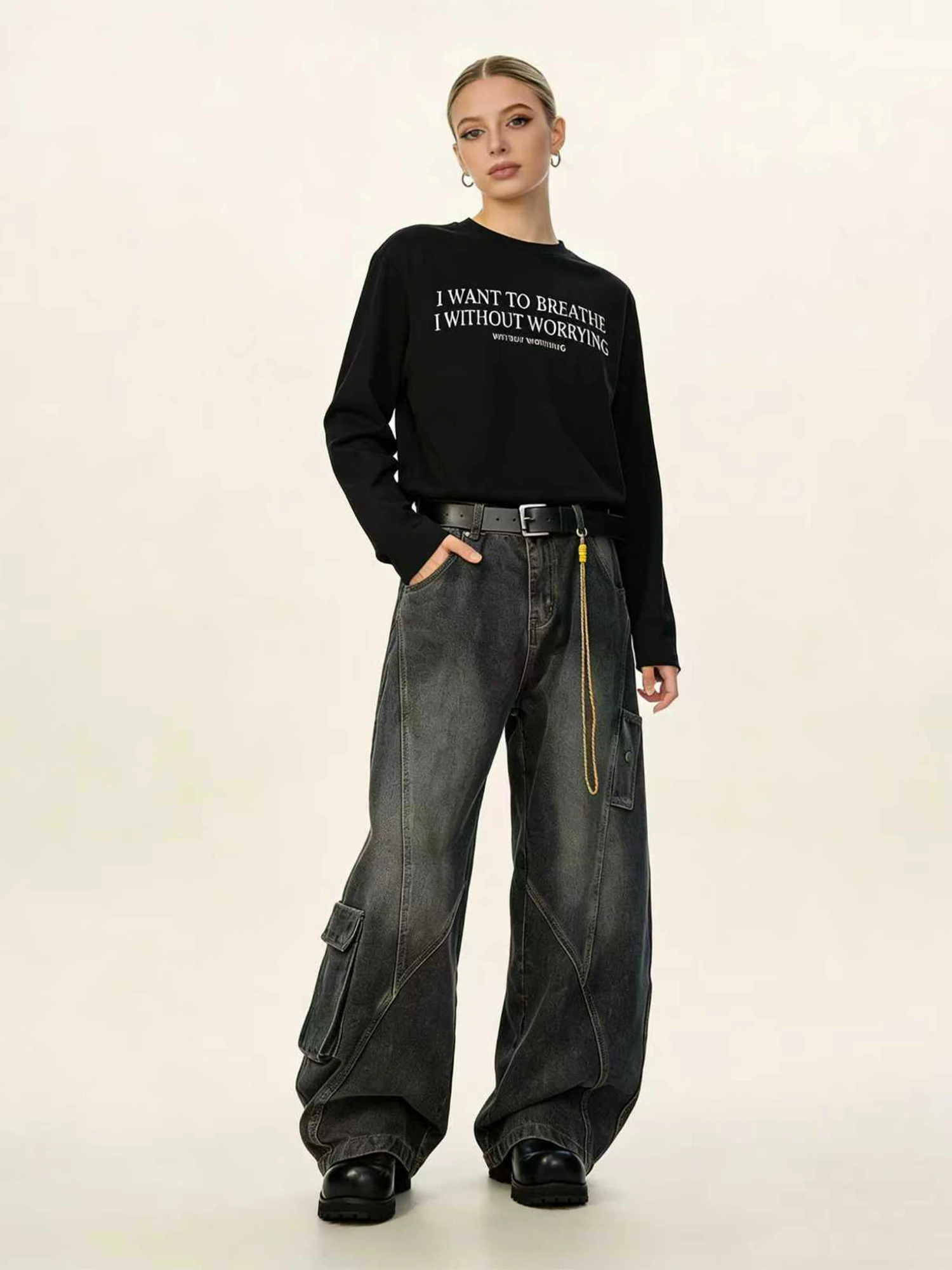 

Women Black Gothic Emo Cargo Jeans Oversize Grunge Wide Cowboy Pants Vintage Harajuku Baggy Y2k Boyfriend Denim Trousers Clothes
