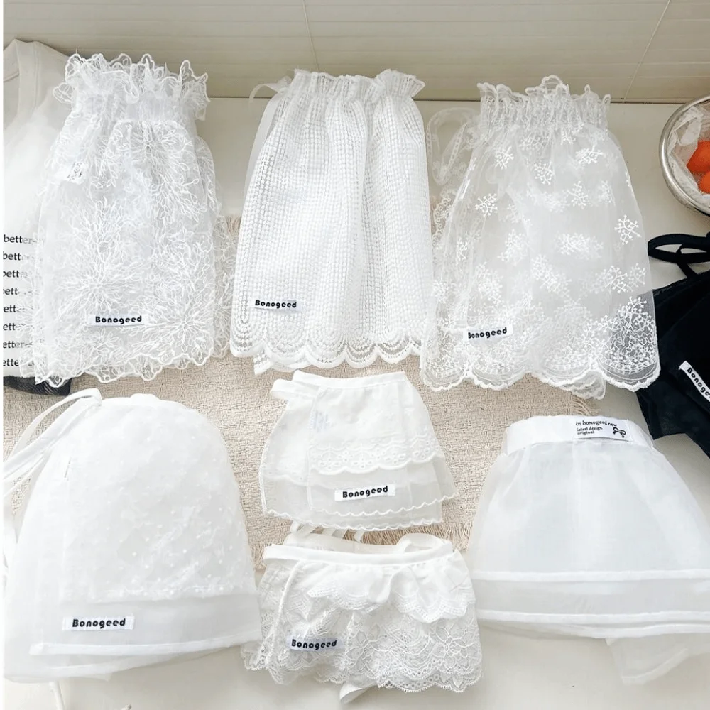 Elegant Balletcore White Lace Fart Curtain Ballet Style Lace Up Mini Lace Skirts Layered Embroidery Butt Curtain Women