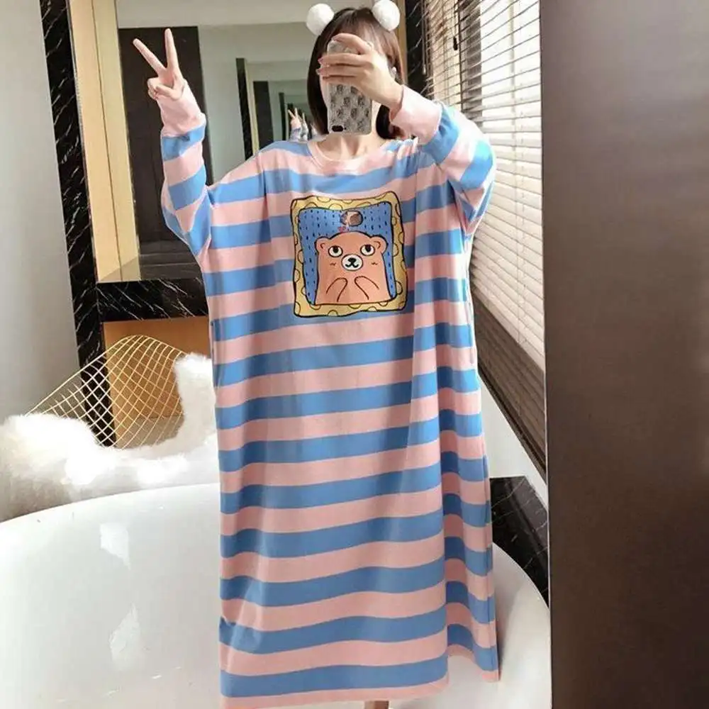 Plus size 5XL 140KG Autumn Long Night Dress Long Sleeve Women O-Neck Cartoon Printed Sleepwear Casual Oversized Home Dress