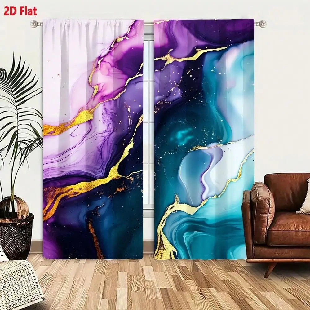 A Set Of Two Curtains Featuring A 2D Flat Design Of Purple, Teal, And Blue Marble Patterns Accented With Golden Wavy Lines
