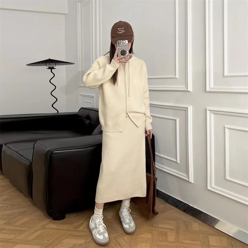 Korean Lazy Style Women Knitted Sweater Casual Set Autumn Winter Hooded Zipper Cardigan Tops Knitwear Long Skirt Two-piece Suit