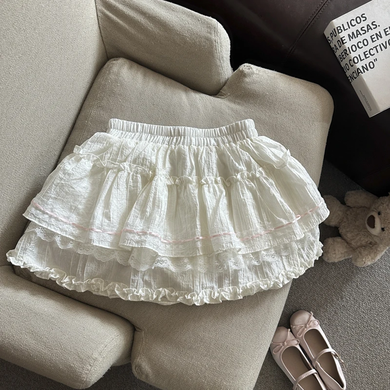 

Summer Vintage Sweet Solid Lace High Waist Ruffle Edge Pleated Mini Skirt Women Elegant Holiday Party Cake Short Skirt Versatile