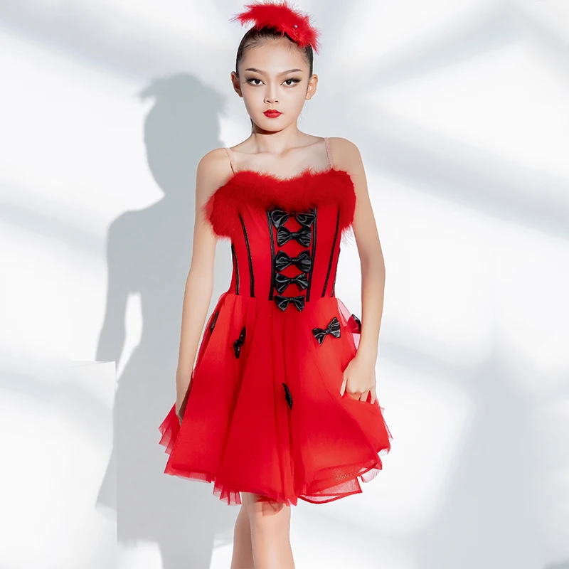 

Fahsion Red Latin Dance Dress For Girls Latin Dance Competition Dresses Kids Party Ballroom Dance Performance Costume SL9235