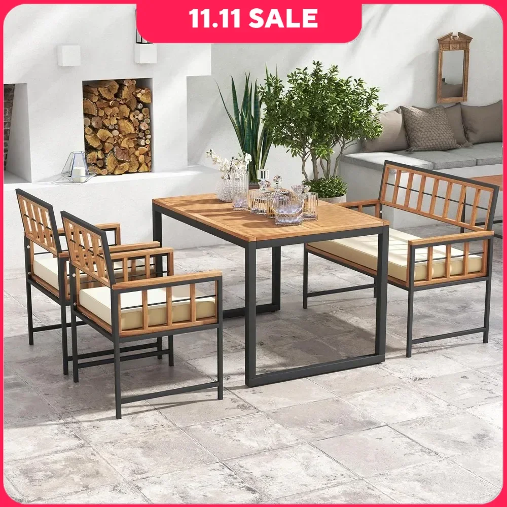 4 Piece Patio Dining Table ,W/ 2 Chairs & 1 Loveseat, 47” Acacia Wood Table W/Umbrella Hole,Cozy Seat Cushions, Dining Table Set