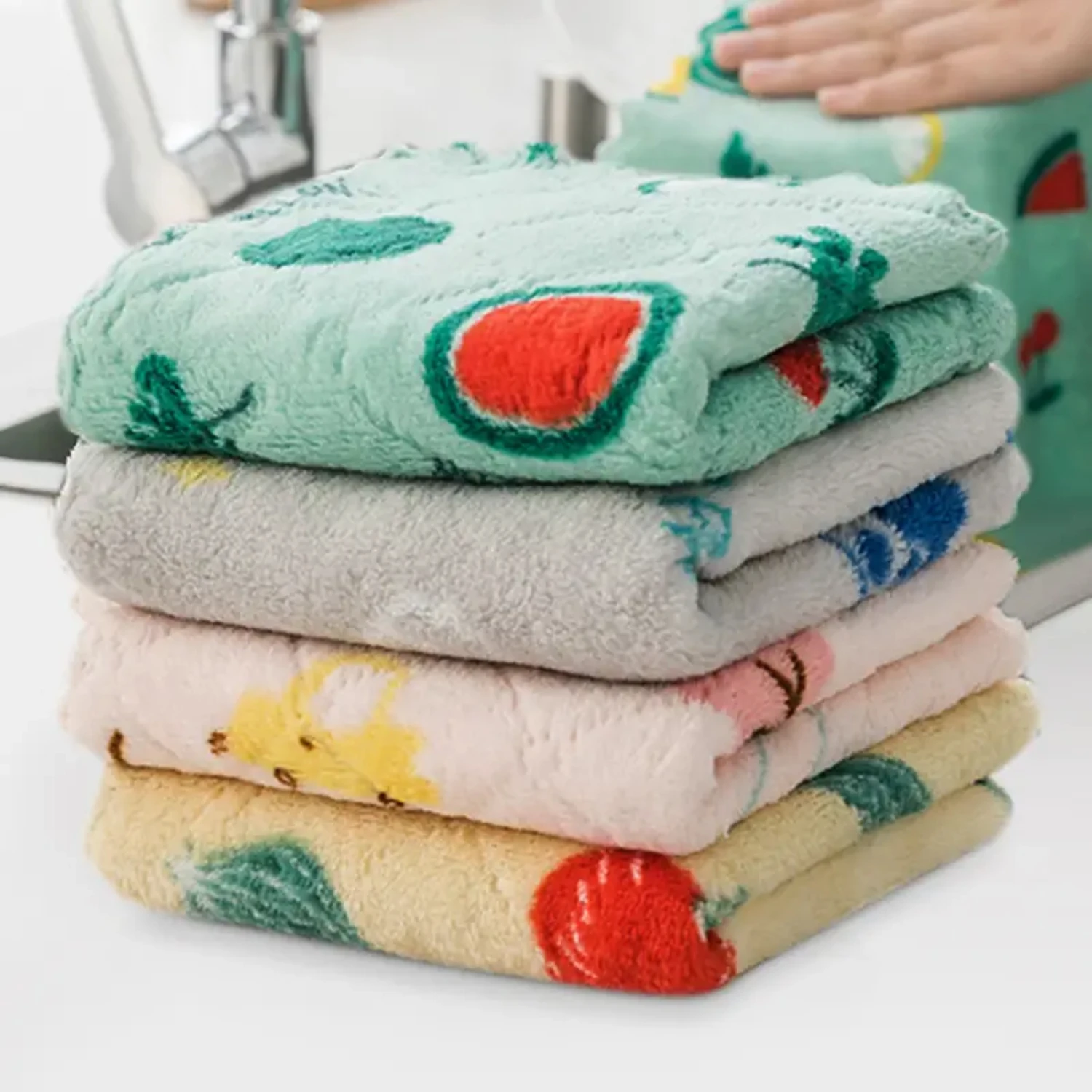 Thickened Lint-Free Dish Cloths, Double Sided Printed Cleaning Cloths, 5pcs Fruit Printed Rags, Random Colors, High-Quality Abso