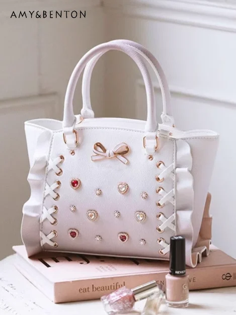 Japanese Lolita Tote Bag Gradual Change Color Rhinestone Mine Series Bow Handbags Trendy Pu Leather Crossbody Bags for Women