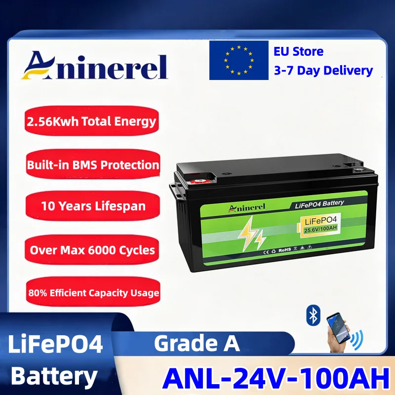 Aninerel 24v 100ah Bateria LiFePO4 Głębokocyklowa Bateria Akumulatorowa Litowo-Fosforanowa z Bluetoothem, ponad 6000 cykli, do paneli słonecznych
