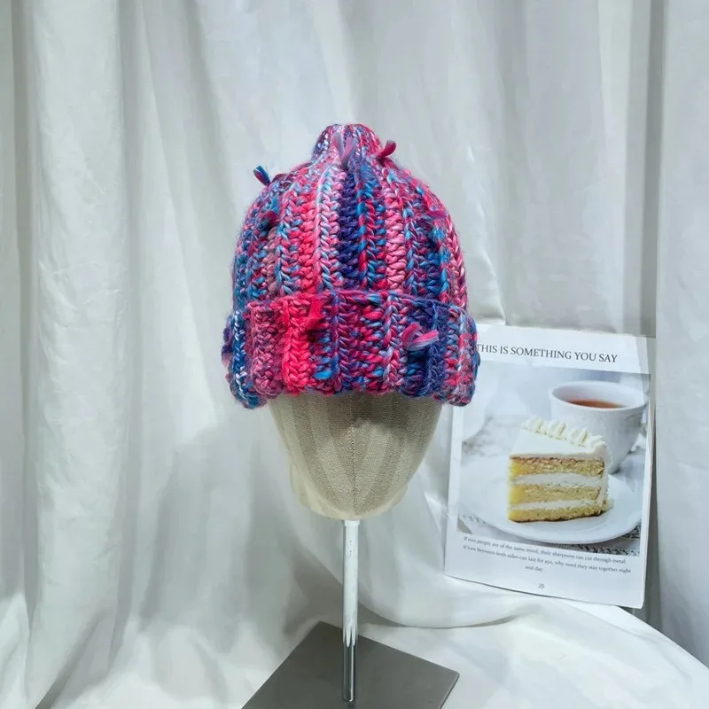 Niche Colored Fringed Wool Beanie Hat Women\'s Autumn Winter Japanese Warm Ear Protection Contrasting Knitted Pacifier Hat