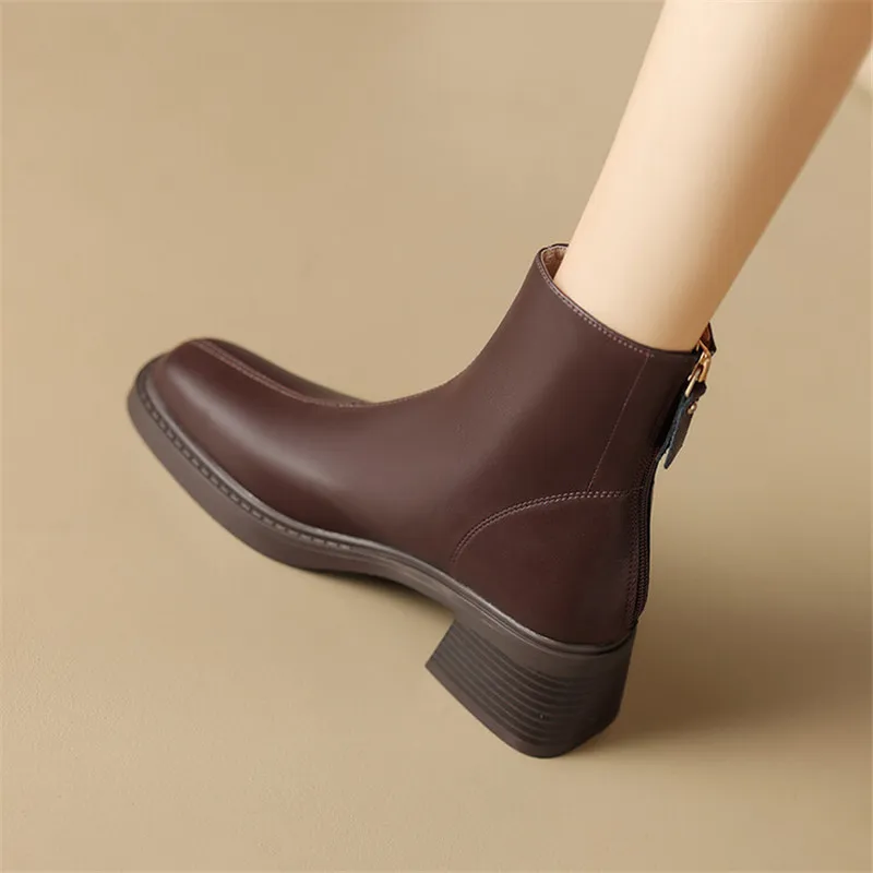 New Autumn Winter Split Leather Women Shoes Fashion Round Toe Short Boots for Women Chunky Heels Boots Zapatos Mujer High Heels