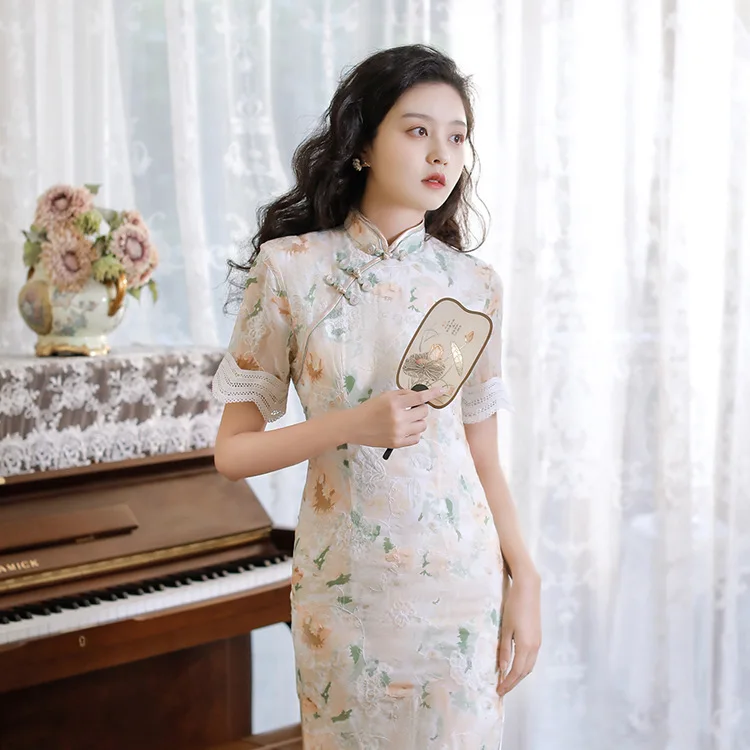 

Лето-Осенний новый стиль Cheongsam, двухслойное шифоновое улучшенное облегающее повседневное национальное платье средней длины