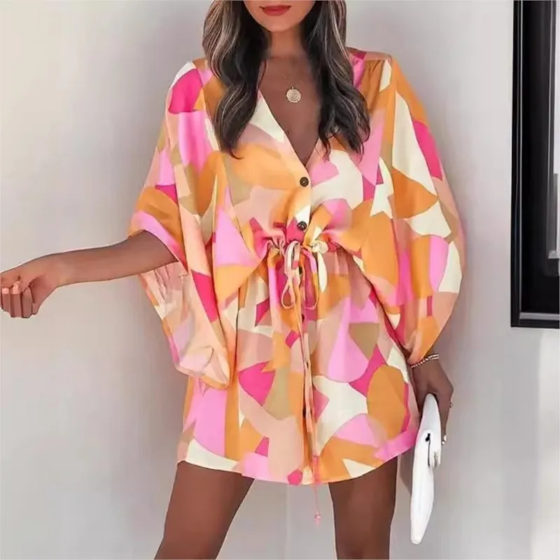 

2025 Womens Summer Flying Fleece V-neck Lace-up Shorts A-line Skirt Natural Print Color-blocking Button Beach Casual Dress Women