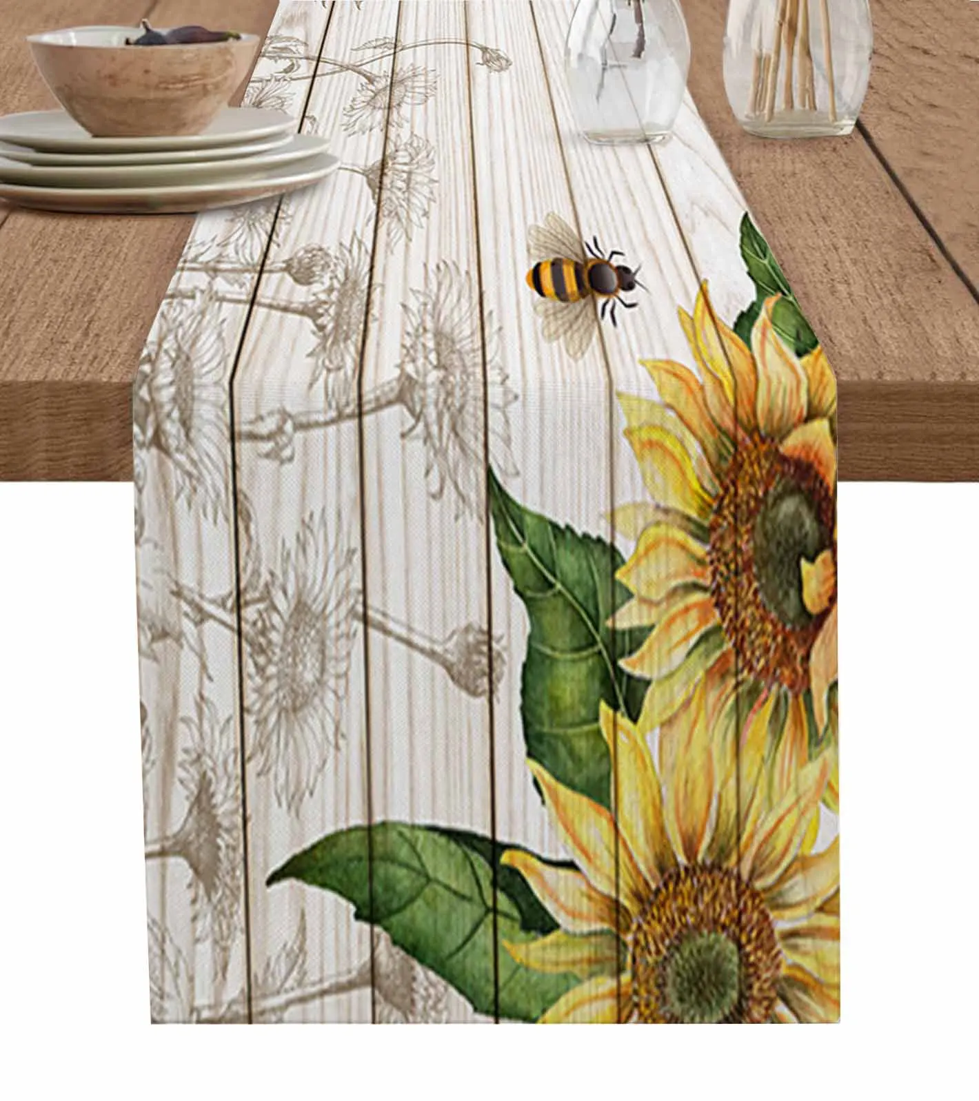 

Sunflower Bee Butterfly Wood Texture Linen Table Runners Kitchen Table Decoration Dining Table Runner Wedding Party Supplies