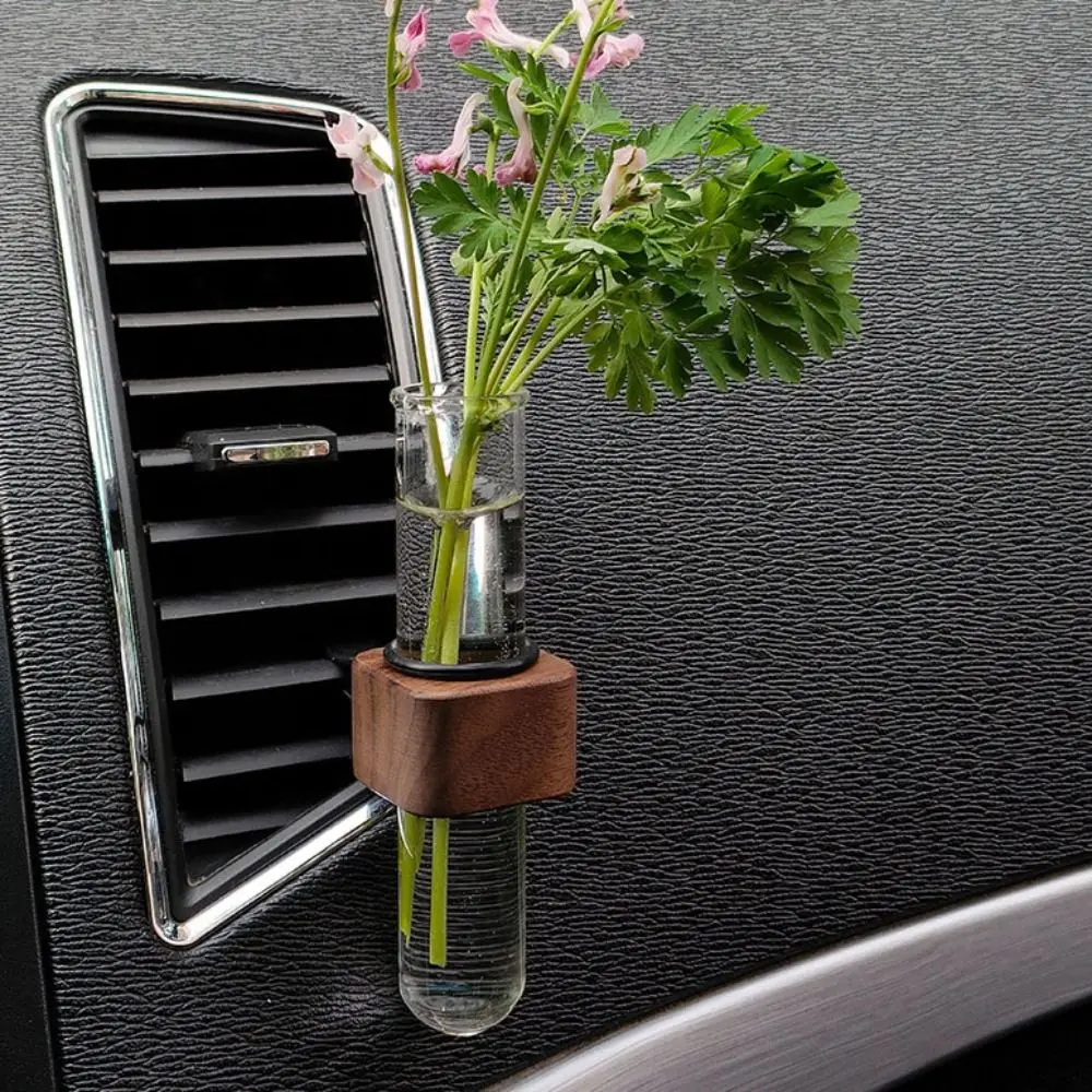 Unique Mini Car Flower Vase Clip Elegant Adjustable Car Vent Flower Vase Walnut and Glass Creative Car Vent Decor Decoration