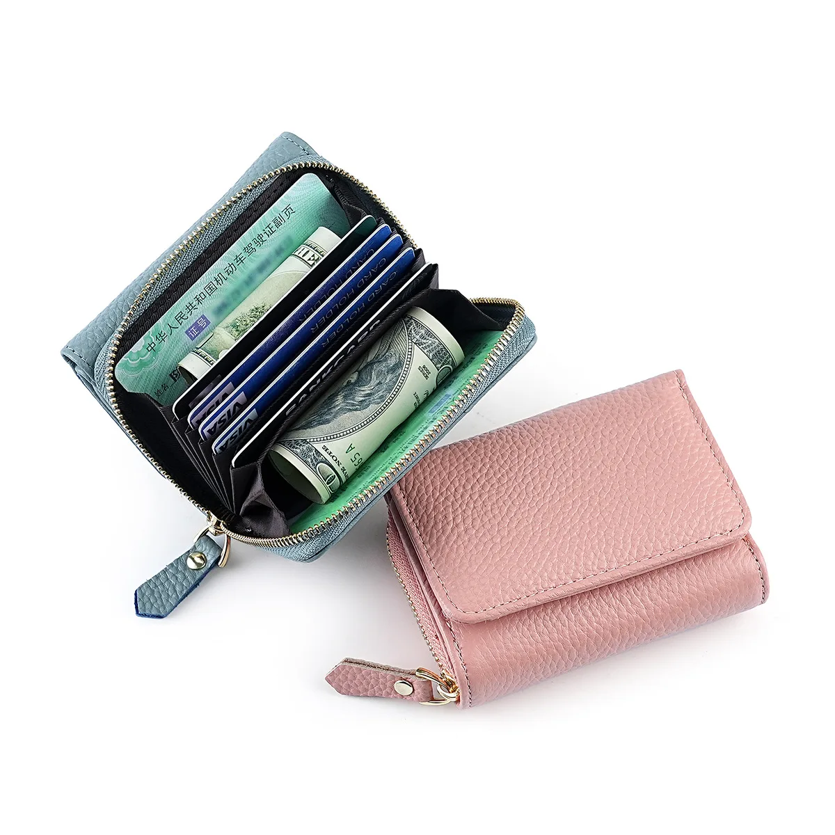 Fold Wallets for Women Minimalist Genuine Leather Wallet RFID Blocking Small Cash Credit Card Holder Organizer Zipper Purses