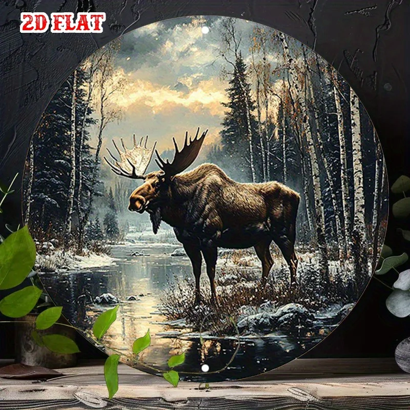 [Wald Schnee Landschaft Runde Zeichen] 1pc Runde Aluminium Zeichen - 2D Flache Wald Schnee Landschaft, realistische Ölgemälde Metall Zinn Zeichen, C