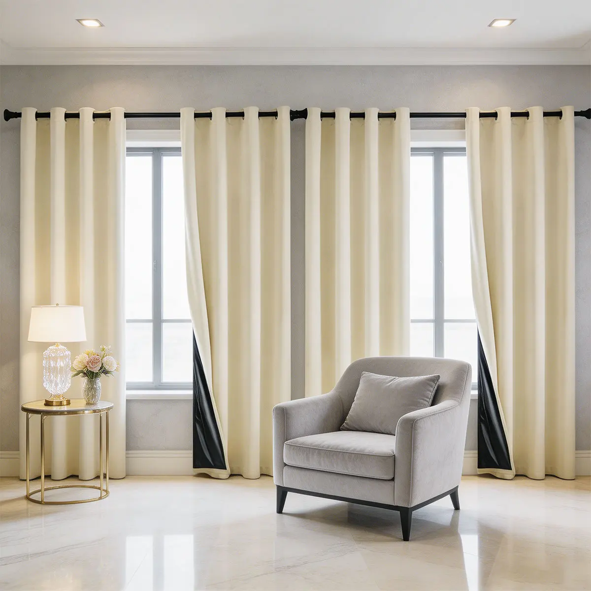 Beige Grommet Light Blocking Curtains 4Pcs, Solid Coated Window Drapes for Bedroom Living Room Home Decor