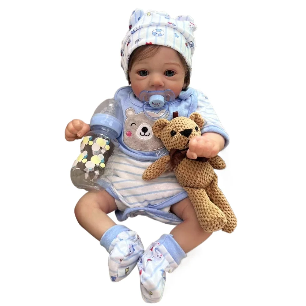 18 inch Realistic Reborn Baby Doll Girl The Look Real Brown Hair Blue Eyes Soft Body with Blue Clothes for Kids Birthday Gift