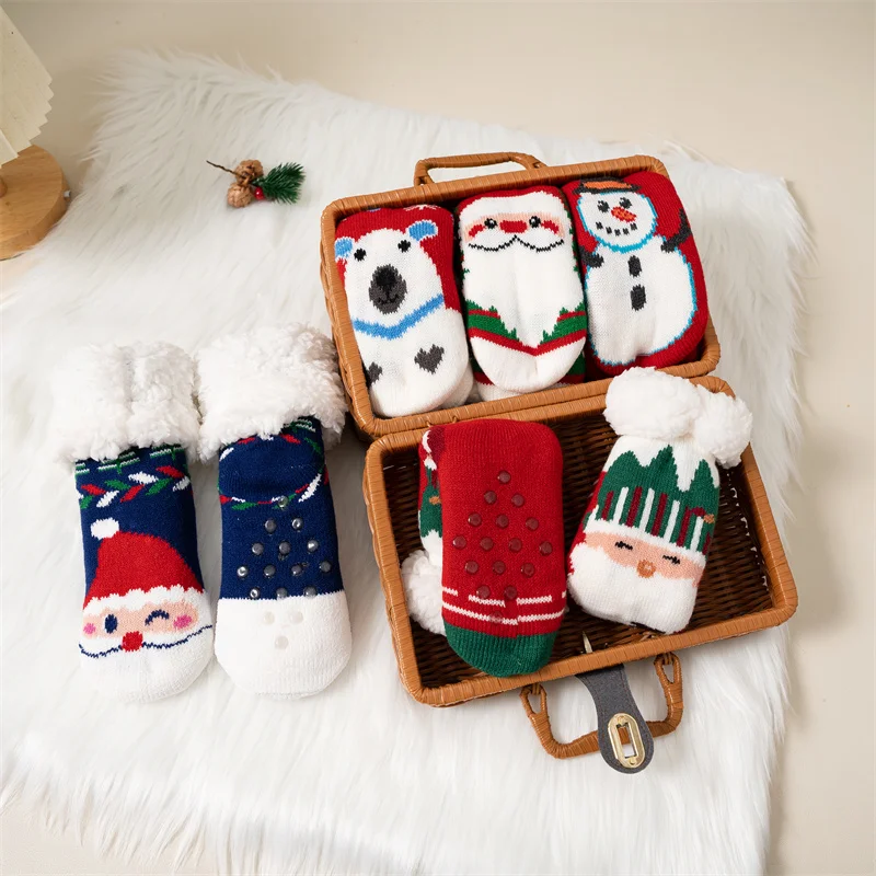 New Winter Kids Cartoon Christmas Socks Boys Girls Thicken Cotton Warm Floor Children Sock Non-Slip Thermal Cute Family Socks