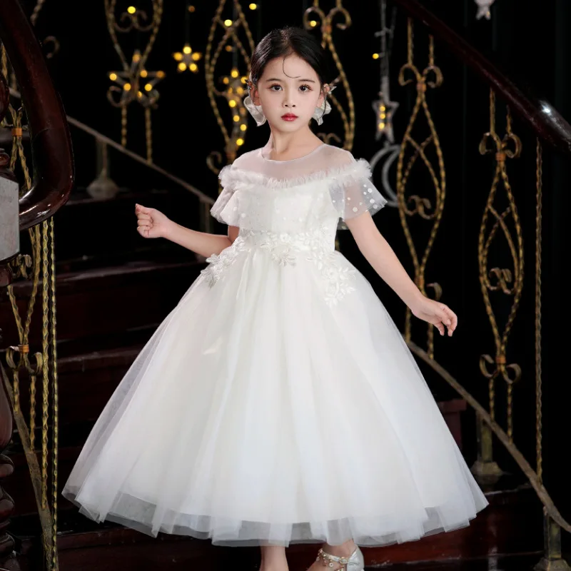 Flower Girls Dresses Summer 2024 Lace tulle Birthday Party Banquet Dress for First communion Girl's Wedding Long White Dress