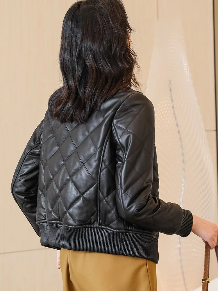 الخريف الشتاء المرأة سترة جلدية حقيقية سستة الوقوف طوق معطف جلد الغنم الحقيقي مكتب سيدة سليم صالح قصيرة سترات للعبة البيسبول #2