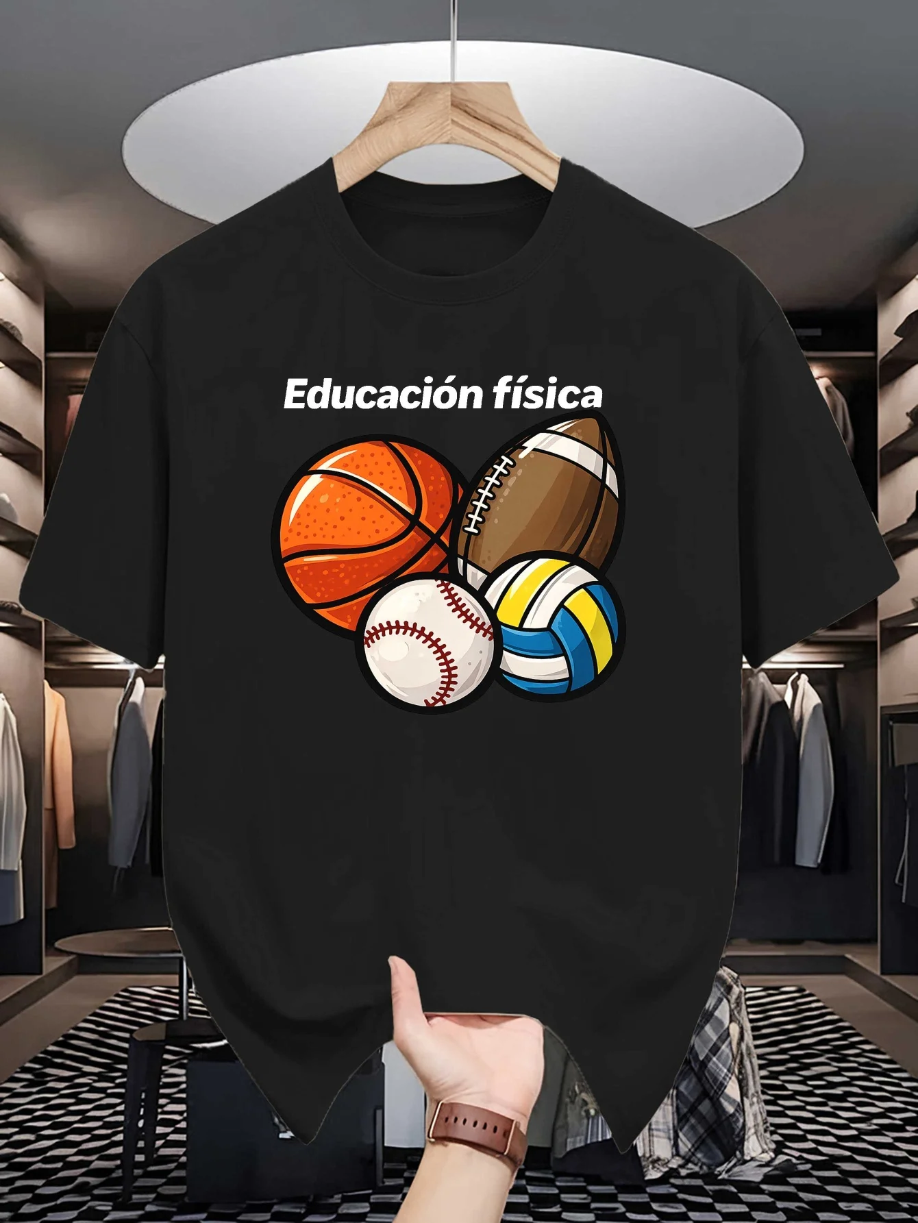 Mens Educacion Fisica Multi Sport Balls Graphic Tee Mixed Sports Print O Neck Short Sleeve Cotton Tops For Sport Lover Men