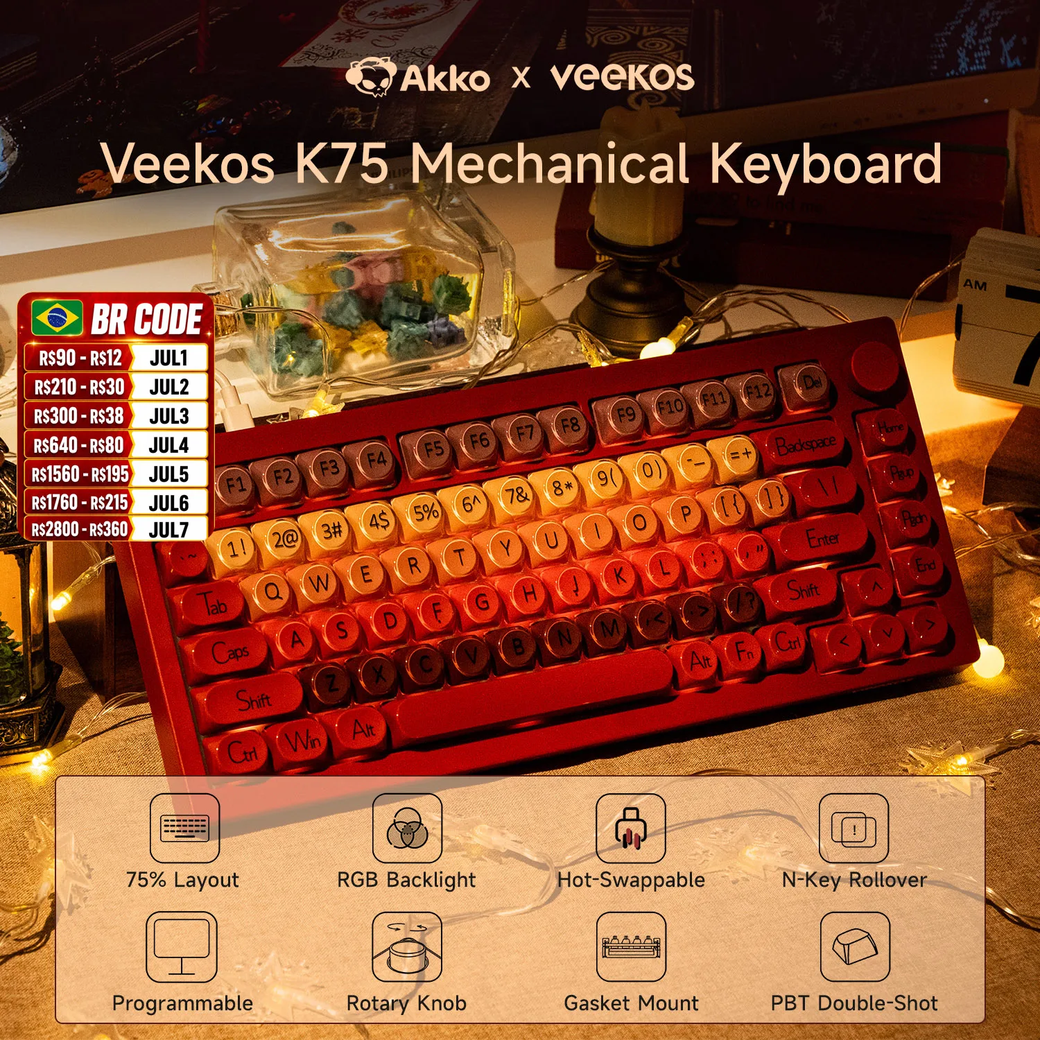 AKKO 5075 X Veekos K75 Gaming Mechanical Keyboard Keyboard 75% RGB 3/5-Pin Hot Swap Wired Customized Keyboard with Knob Gasket — product photo 1 of 1