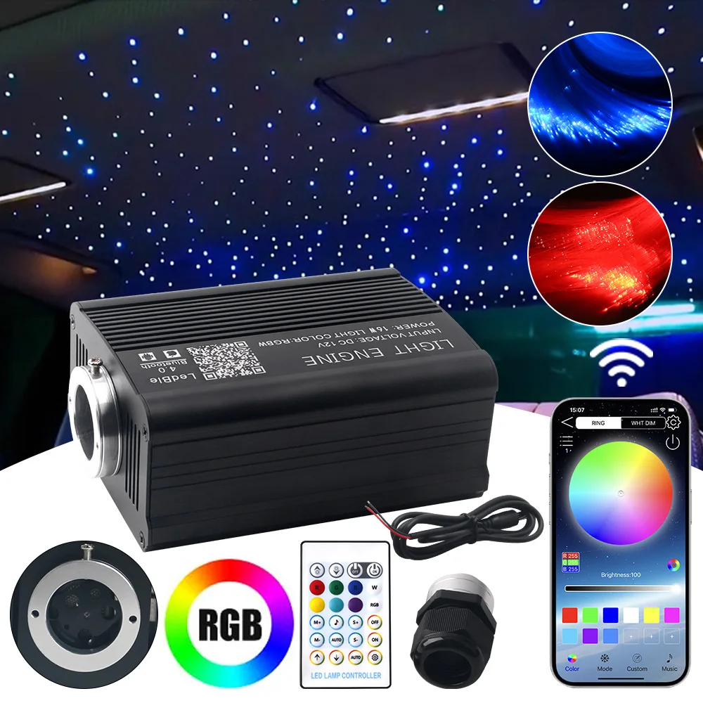 16W Fiber Optic Star Ceiling Lights Kit RGBW Car Roof Star Light Bluetooth App Music Control Car Starry Sky Ceiling Lamp Remote