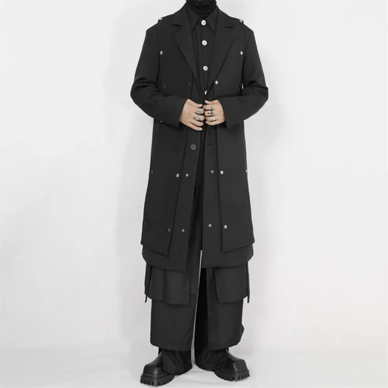 2024 Original men's long over knee trench coat Black detachable cloth design loose Korean trench coat