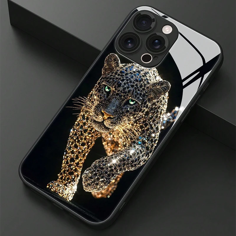 

Cool Leopard Animal Print Tempered Glass Material Black Phone Case For Samsung Galaxy S25 S24 S23 Ultra Plus FE Hard Cover