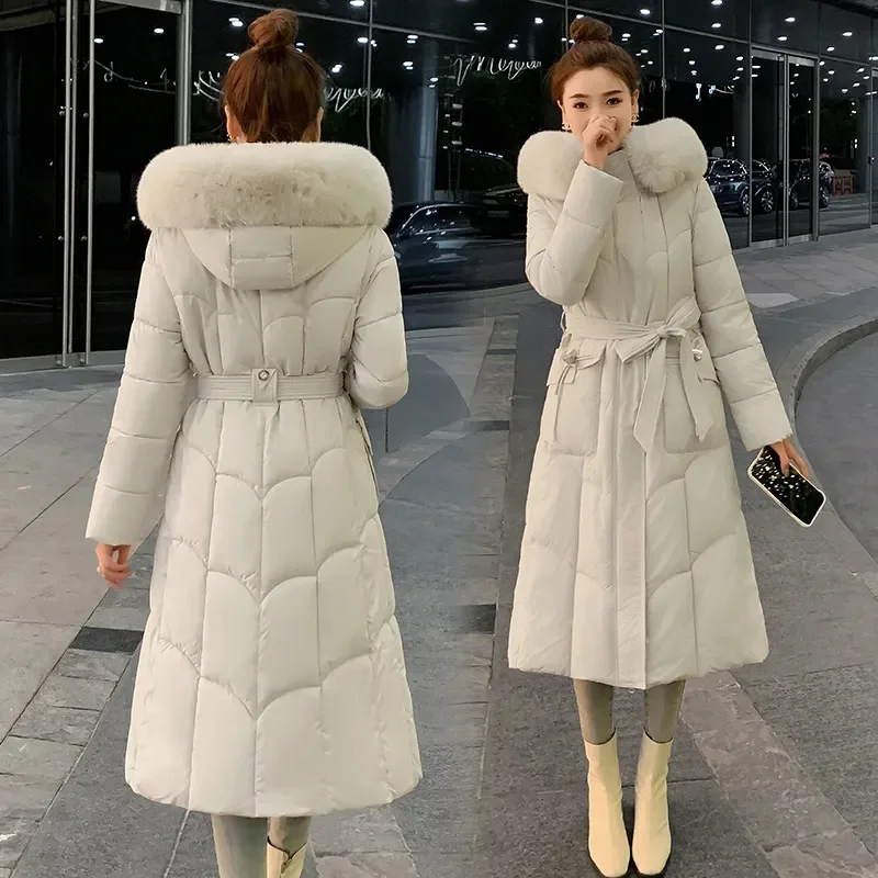 2024 Winter New Women\'s Long Down Cotton Jacket Fur Collar Hooded Puffy Coat Warm Parker Overcoat Female Casual Jackets