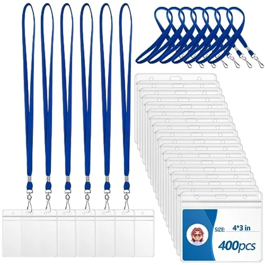 

200 Set 4 x 3 Name Tag Holders with Lanyard Clear Plastic Horizontal ID Badge Holder Blue Neck Lanyard with Swivel Hook Waterpr