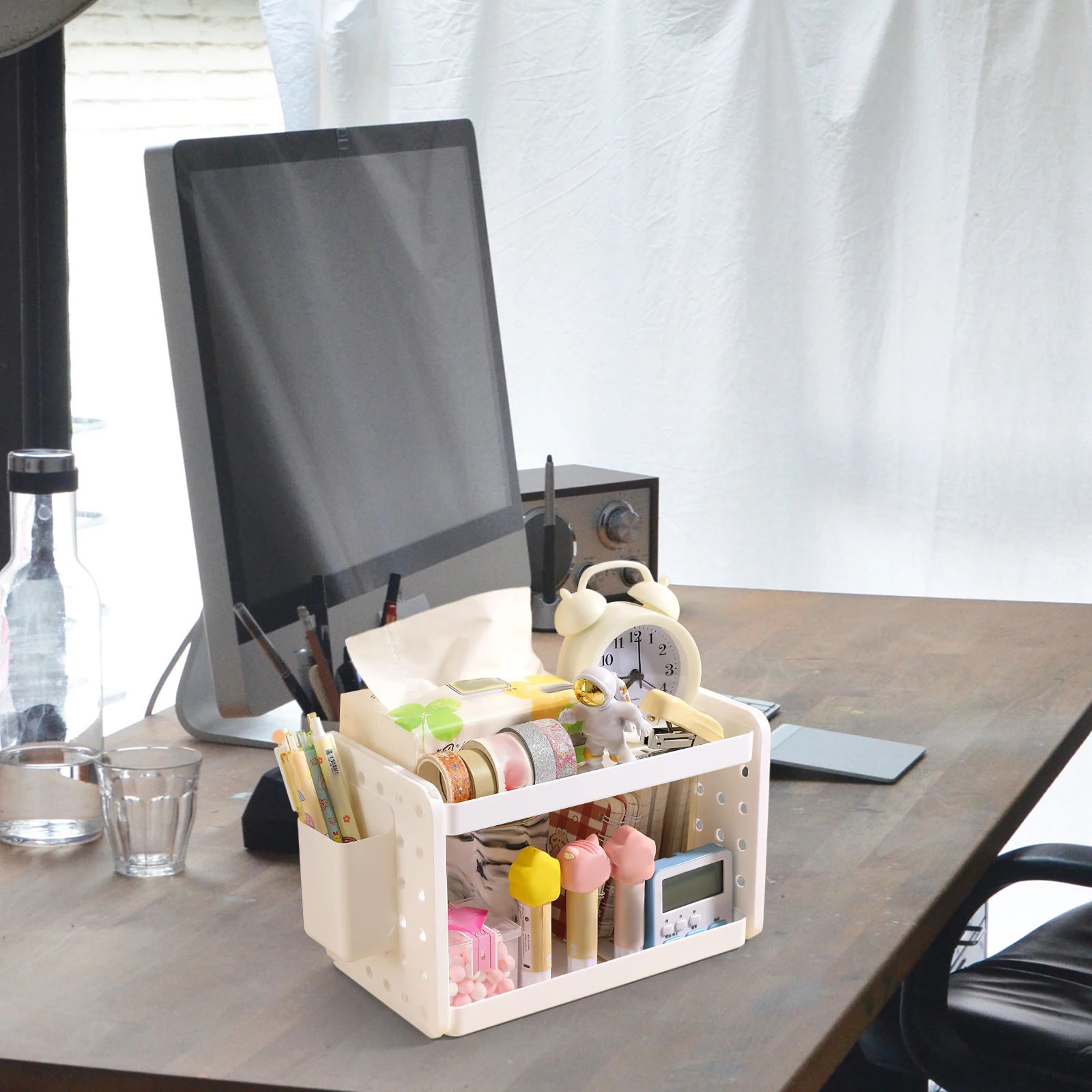 

White 2 Tier Desktop ganizer Pen Holder Office Dorm Desk Shelf Storage Rack Book Magazine Holder Wear Resistant Practical Home