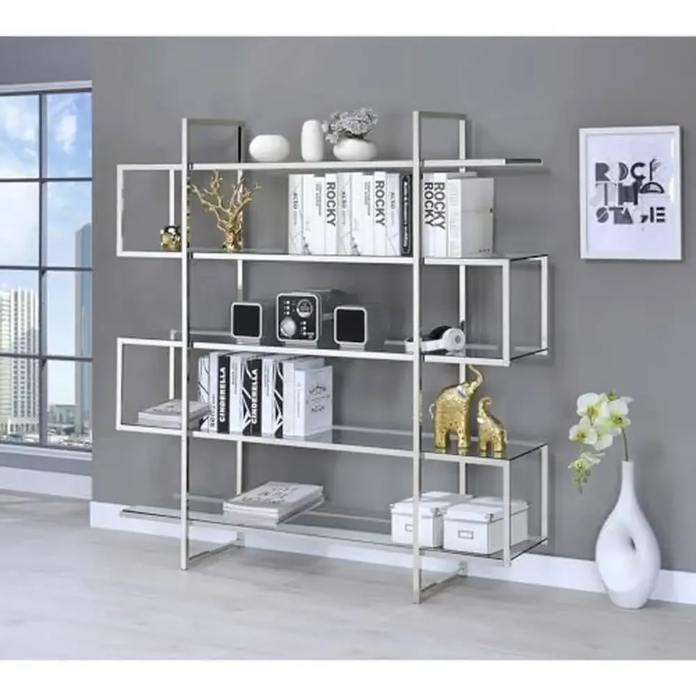 Modern Contemporary 5 Tier Zig Zag Steel Bookcase Etagere with Clear Glass Shelves Durable Office Living Room Metal Bookshelf