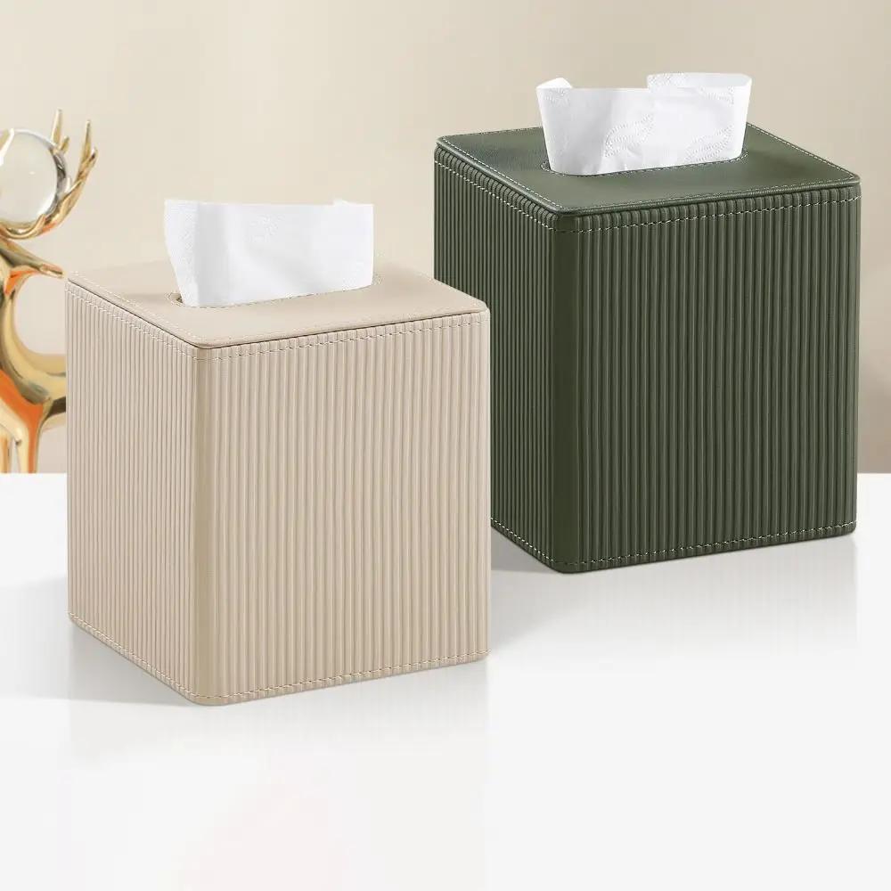 

PU Leather Square Tissue Box Magnetic Closure Short Pile Lining Tissue Dispenser Widened Opening Roman Column Stripe