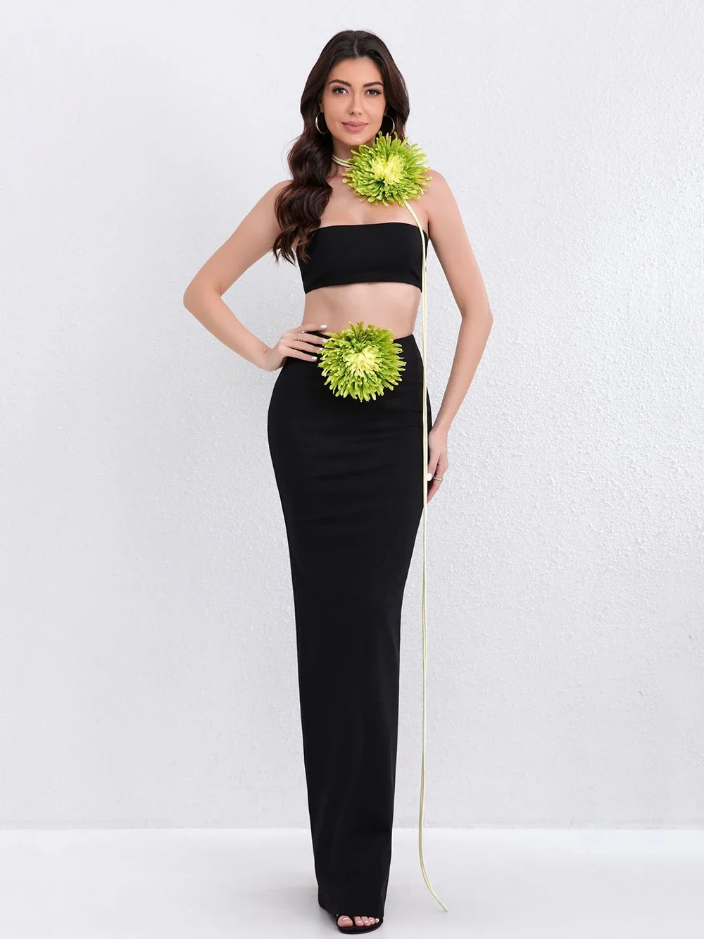 

GPBD 2024 New 3D Flower Tight Women's Set Sexy Strapless Crop Top + Long Skirt Two Piece Set Celebrity Cocktail Party Gowns