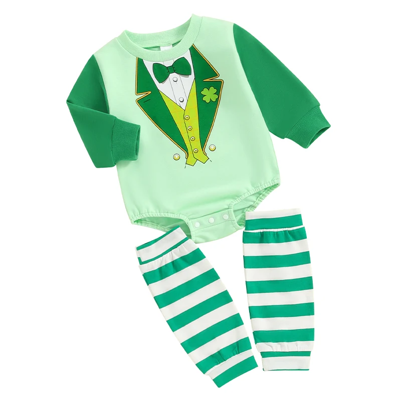 

Saint Patricks Day Baby Girl Boy Funny Graphic Romper Cartoon Tie Green Elf Striped Leg Warmers Spring Clothes Set