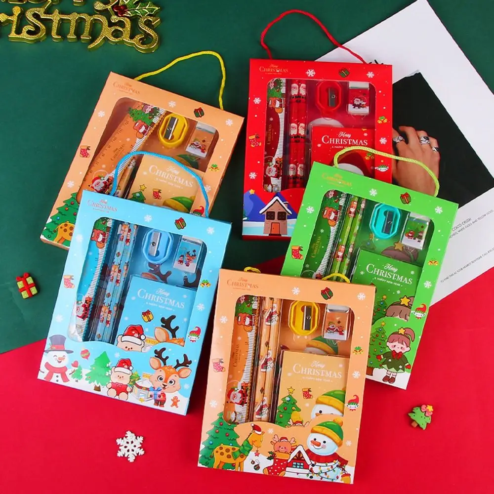 6Pcs/5Pcs Kawaii Sharpener Christmas Stationery Set Stationery Erasers Children's Pencils Handheld Study Stationery Set Gift