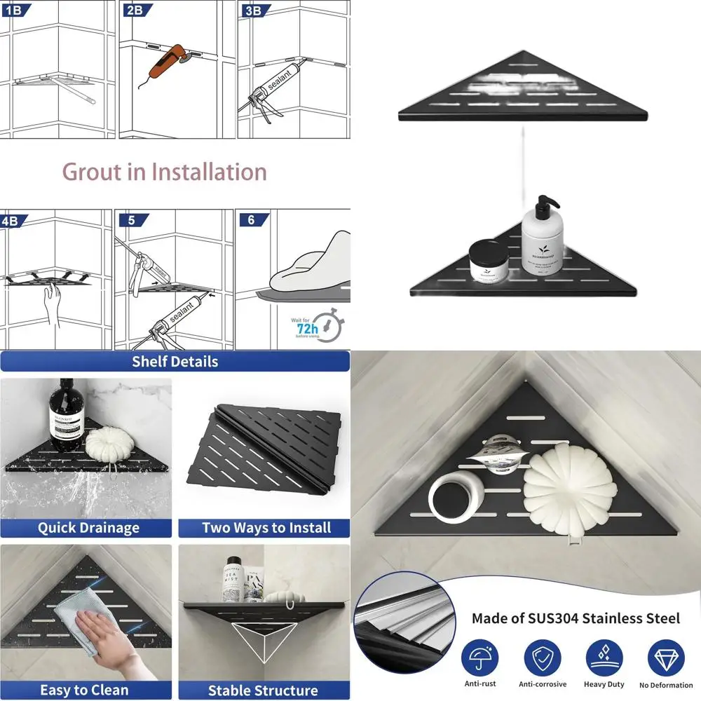 10 Matte Black 304 Stainless Steel Corner Shower Shelf, Recessed Slot Design, Tiled Wall Mount, 2-Pack